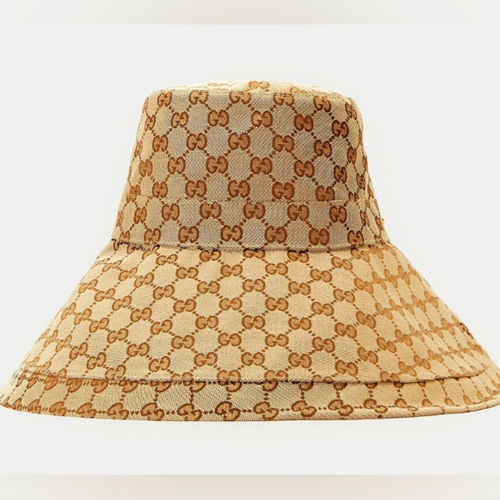Beige Wide Brim Large Jacquard Canvas Monogram Bucket Hat Sun Coverage Beach New - Picture 11 of 16